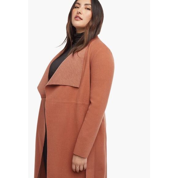 JUSTFAB Camel Brown Knit Side Pockets Tie Waist Drape Coat Size Small - Picture 2 of 16